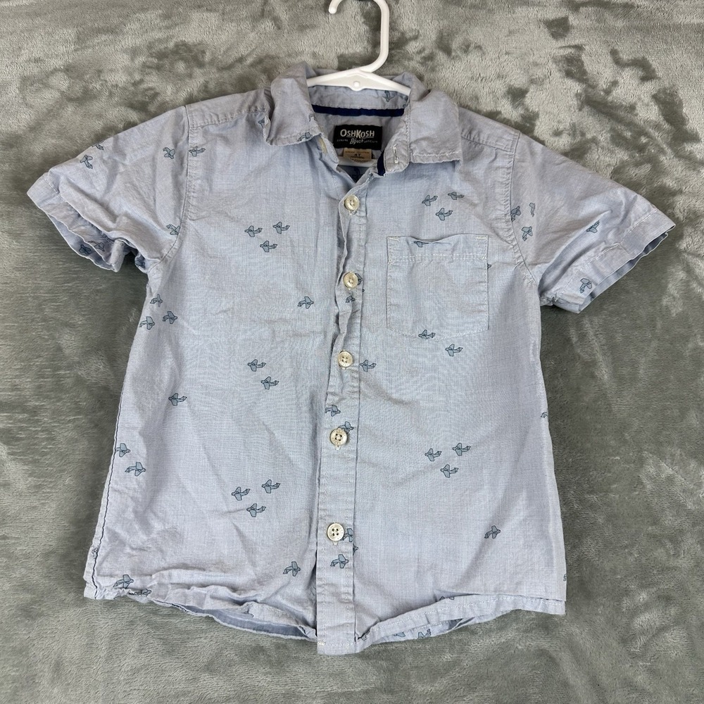 OshKosh B'gosh Button Up Shirt Boys 4T Blue Airplane Print Cotton
